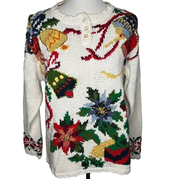 Crystal Kobe Retro Christmas Hand Knit Sweater Size M NWT Poinsettia Chunky - Picture 3 of 14